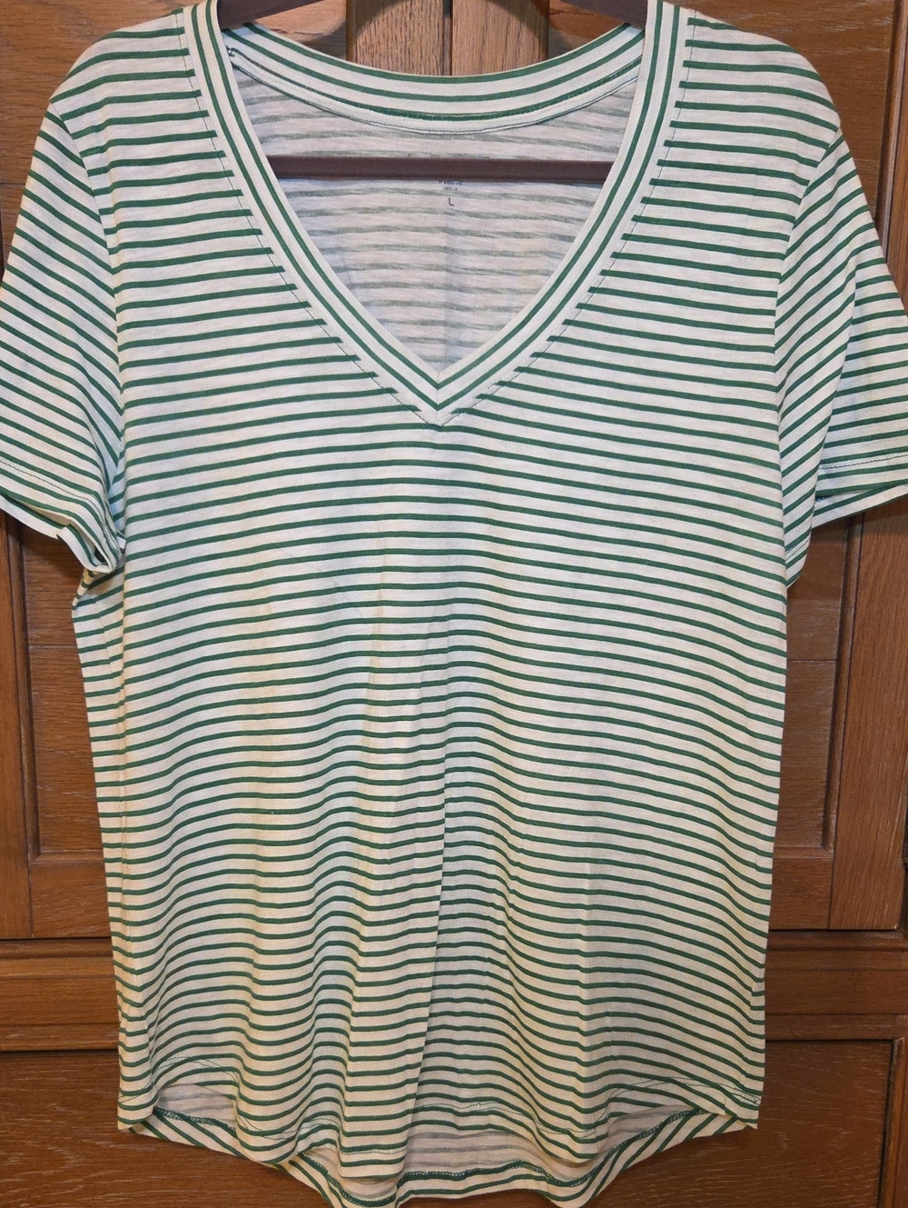 LOFT Green and White Striped V-Neck Tee